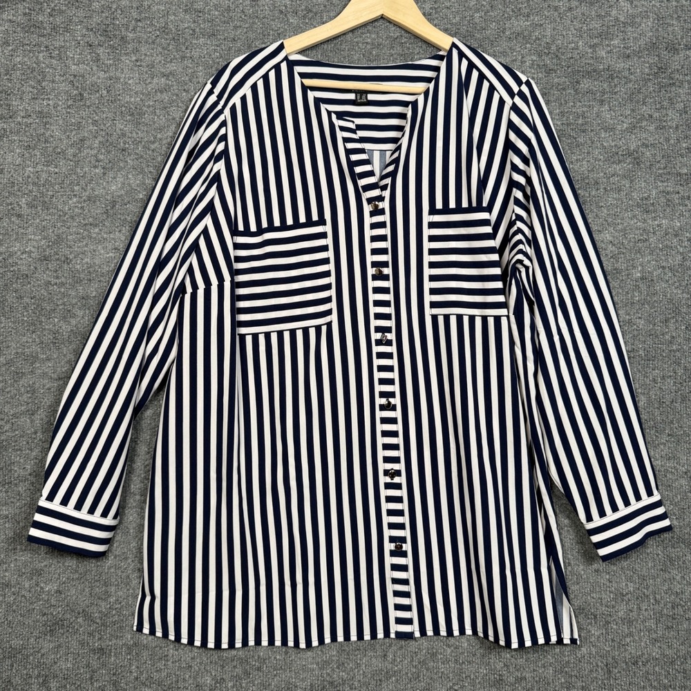 Dennis by Dennis Basso Plus Size 2X Top Blouse Black White Striped Front Pocket